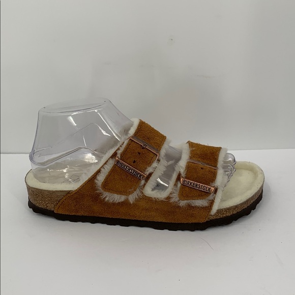 Birkenstock Arizona shearling double strap sandal shoe brown fur lined new 38 7 - Picture 2 of 7